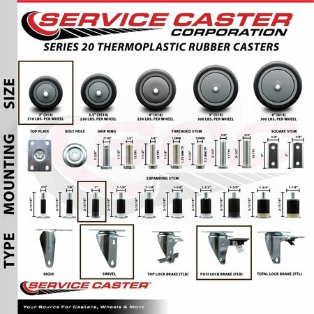 Service Caster 3'' Thermoplastic Rubber Swivel 1'' Expanding Stem Caster Set with Brake, 4PK SCC-EX20S314-TPRB-PLB-1-4
